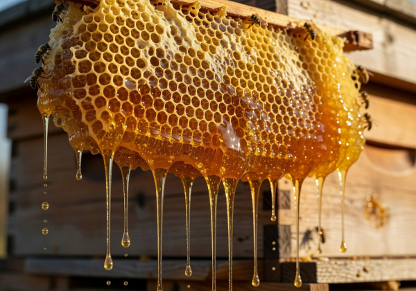 Close-up of raw honeycomb dripping with fresh golden honey from a rooftop hive