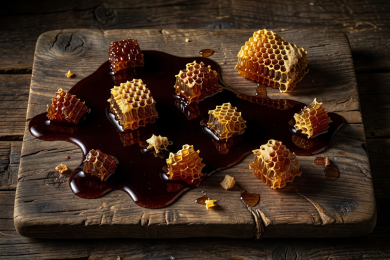 Dark buckwheat honey with rustic honeycomb pieces on a wooden board