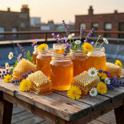 Golden jars of fresh rooftop honey on a wooden table with honeycomb and wildflowers