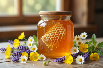 Jar of golden wildflower honey with honeycomb and fresh flowers