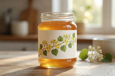 Light amber linden blossom honey in a glass jar with botanical label
