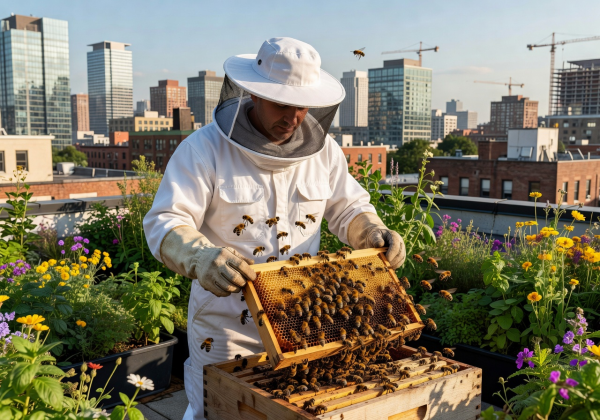 Beekeeper tending to beehives on a sunlit urban rooftop with city skyline in background